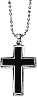 [JewelryWeb] 32mm Stainless Steel Artisan Oxidized and Polished Black Leather Inlay Religious Faith Cross Pendant a Ball Chain Necklace 56 Centimeters Chain-Necklace for Women and Men