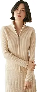 [Sweejim] Women's 100% Cashmere Sweater Casual Zipper Cardigan Slim Turtleneck Soft Warm Knit Jumper