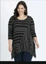 Autograph Tunic Top Plus Sz 24 Black White Stripes Stretchy 3/4