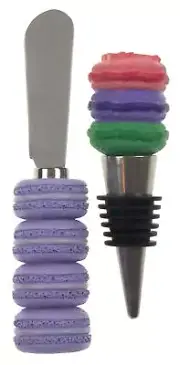 Eiffel Tower Macaron Bottle Stopper Macaroon Cheese Spreader Set 2 Purple Knife