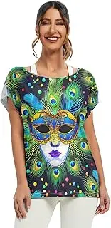 [RPLIFE] Blue Green Masks Feathers Women Tops Blouses Sleeve Loose Shirt, S-XXL Casual Shirt