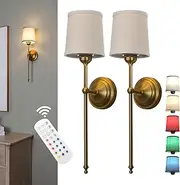 Buyee Set of 2 Battery Operated Wall Light Linen Fabric Shade Wall Sconce Wireless Rechargeable Wall Lamp RGB Color Changing Dimmable Lighting Decor for Bedroom Living Room Hallway (Antique)