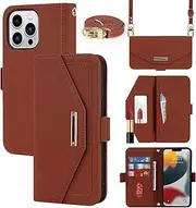 Cavor Crossbody Wallet Case for iPhone 13 Pro Max Case (6.7") Flip Cover Magnetic Leather Women Handbag Card Slots Holder Zipper Kickstand Purse with Detachable Shoulder Necklace Lanyard Strap-Brown
