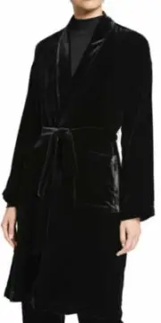 EILEEN FISHER Black Velvet High Collar Long-Line Belted Open Front Jacket S M