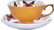 Coffee Cup Mug with Saucer for Latte, Cappuccino Tea with Butterflies 7 Oz Fine Bone China Teacups for Home, Restaurants, Dishwasher Safe(Yellow)