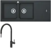 Franke Bali Double Bowl Sink with Right Hand Drainer and Verona Pull-Out Tap - Onyx