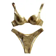 Women Shiny Metallic Bikini Swimsuit Cheeky Low Waist Underwire Padded Swimwear Gold S