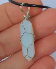 Opalite Double Tip Crystal Pendant Silver Wire Wrap Reiki Healing