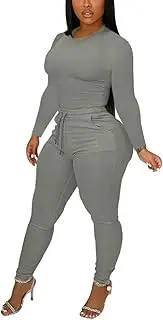 [TOPSRANI] Womens Two Piece Outfits Bodycon Tracksuit Sweatsuits Solid Jogger Workout Gym Biker Lounge Long Sleeve Pant Sets
