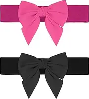 [Elerevyo] Women's 2Pcs Elastic Wide Belt Dress Bowknot Waistband Decoration Fashion Versatile Belts Black+Hot Pink 70x5.8cm/27.6x2.3"