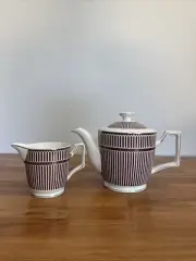 NEW GRACE'S WHITE+DARK RED+GOLD LINEAR STRIPES COFFEE,& CREAMY TEA POT SET
