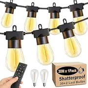 Roccar Dimmable Festoon Lights Outdoor，30M 30 Bulbs+2 Spares LED Outdoor Lights with Remote Timer，3 Lighting Modes，Waterproof and Shatterproof String Lights for Garden, Party(Low Voltage)