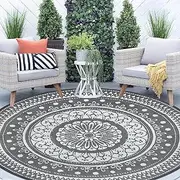 Cekene Round Outdoor Rugs for Patios Waterproof 240cm Reversible Camping Mat and Rug Plastic Outdoor Rugs for Garden Large Floor Area Rug for Outdoors Garden RV Trailer Backyard Deck Picnic Grey