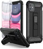 ORETech Designed for iPhone 11 Case with [2 x Tempered Glass Screen Protectors] [Built-in Kickstand] Military Grade Shockproof iPhone 11 Case 360 Full Body Protective Silicone TPU Bumper Cover - Black