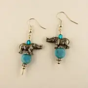 Pewter Rhinoceros 3D Earrings with Amazonite gemstones, Rhino, Czech Glass