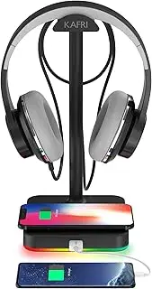RGB Headphone Stand with Wireless Charger KAFRI Desk Gaming Headset Holder Hanger Rack with 10W/7.5W QI Charging Pad and QC 3.0 USB Port - Suitable for Gamer Desktop Table Game Earphone Accessories