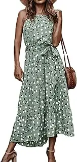 [SHINsuke] Women Polka Dots Summer Halter Maxi Dress, Spring Sleeveless Round Neck Long Swing Belt Tunic Beach Dresses Holiday Business