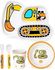 Lehoo Castle Dinnerware Set - Toddler Plate, Bowl, Water Cup, Spoon and Fork Set, 5 Pcs Tableware, BPA Free Durable Material (Yellow)