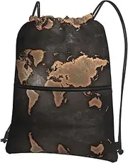 EdWal Rust World Map Print Drawstring Backpack Gym Bags Sports Bags With Zipper Pocket For Travel Swimming Beach, Black, One Size