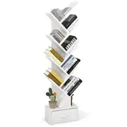 Costway 10-tier Tree Bookshelf w/ Drawer Storage Rack Organizer Free-standing Bookcase CD Rack Display White