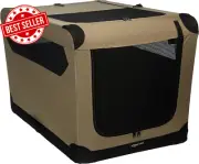 Collapsible Soft-Sided Dog Travel Crate 2-Door Folding Kennel Large Tan
