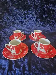 BIA Cordon Bleu Demitasse Set Red Christmas Reindeer 4 Cups & Saucers Holiday