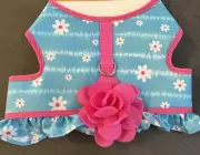 SIMPLY DOG BLUE WHITE DAISIES PINK TRIM RUFFLE HARNESS Puppy/Dog MEDIUM NWT