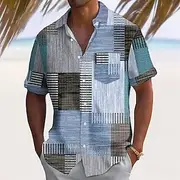 Men's Geometric Color Block Patchwork Shirt Summer Shirt Button Up Shirt Short Sleeve Fashion Casual Outdoor Vacation Dailywear Summer Spring Turndown 3D Print