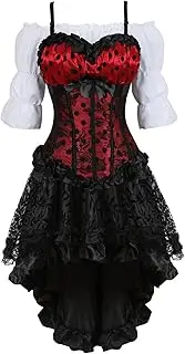 [Hengzhifeng] Steampunk Corset Carnival Costumes for Women Strap Boned Bustiers with Skirt and Pirate Blouse Set