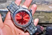 MENS HIP HOP FULL ICED WHITE GOLD PT RED LUXURY DIAL SIMULATED DIAMOND WATCH