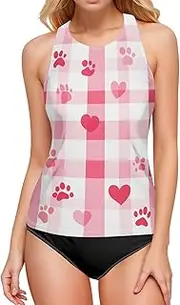 [ODAWA] Tankini Tops Daisies Green Backless Swimwear Tankini Halter Swimsuits for Women, Plaid Paws Pink, Small