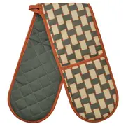 RINNIG oven mitt, patterned light beige/grey-green brown-red