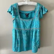 NWT Wrangler Retro Peasant Blouse Ruffle Sleeve Aztec L Large Turquoise $39.99