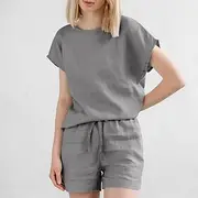 Women's Fashion Streetwear T Shirt Shorts Sets Short Sleeve Round Neck Solid Color Drawstring Daily Wear Date Black White Army Green Summer Regular Fit