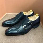 Bespoke Dress Shoes, Black Leather Toe cap Double Monk Strap Dress Shoes