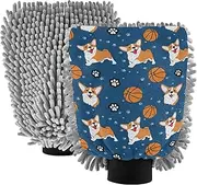 Wash Mitt for Car Washing Absorbent Microfiber Chenille Happy Corgi Dogs Print Paw Blue Auto Cleaning Supplies Scrub Pad Scratch Free Soft, Medium x 2 Pack
