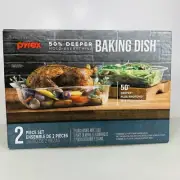 PYREX, 4 Pc - 2 Deep Glass Baking Dish Set, 3" Depth W/ 2 Red Lid 4.8Qt & 3qt