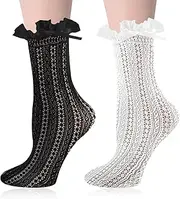 [QHANSHIEE] Womens Ruffle Socks Ankle Socks Lace Socks Lolita Socks Cotton Cute Princess Ankle Dress Socks For Girl 2 Pack, Black,white, 8 Years