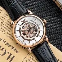 在飛比找PChome24h購物優惠-【ARMANI】亞曼尼 公司貨 極致榮耀鏤空皮革機械腕錶/黑