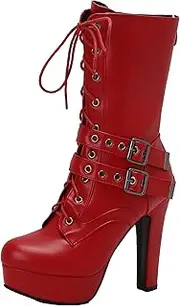 [XIEPP] Womens Ankle Boots with Warm Lining Elegant Adjustable Straps Easy Zip Closure Chunky Heel Combat Boots