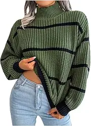 [Dawwoti] Womens Turklneck Knitwear,Casual Striped Colorblock Pullover Sweaters,Sweater Tops for Winter