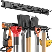 Garage Tool Organizer Wall Mount, Garage Wall Organizer Storage Rack with 6 Hooks, Max 300 lbs Super Heavy Duty Garden Tool Hanger Rack for Ski Gears, Chair, Broom, Mop, Rake Shovel Yard Tools