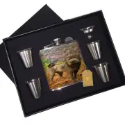 Blue Shar Pei Fall Leaves Leather Flask Black Box Gift Set