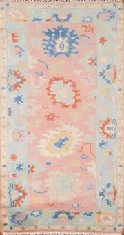 Floral Pink/ Light Blue Indian Oushak Oriental Area Rug 3'x6' Wool Handmade Rug