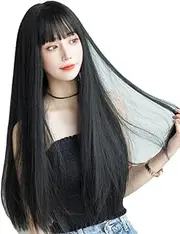 Japanese And Korean Wigs For Women With Long Hair, Air Bangs, Black Long Straight Natural Full Head Wig Sets