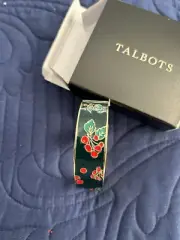Talbots Gold Tone Hinged Bangle Bracelet black enamel with cherry accent