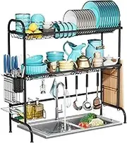 SanDream Over The Sink Dish Drying Rack, 2 Tier Over Sink Dish Rack, Stainless Steel Sink Drying Rack with Utensil Holder, Large Capacity Dish Drainer for Kitchen Counter, Black (fit Sink≤ 81cm/32)