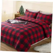 Burgundy Black Buffalo Checkered Comforter Set(90x90Inch), 3 Pieces Queen Red