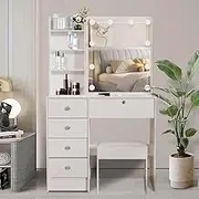 Vanity Table Chair Set with Lighted Mirror, White Vanity Desk with 5 Drawers and Shelves, Makeup Desk for Bedroom
