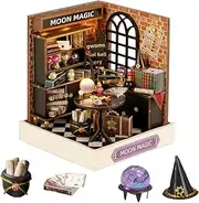 DIY Miniature Dollhouse Kit Wooden Dolls House with LED Dust Cover Creative Room Mini House Building Kit for Birthday Gift (Moon Magic)